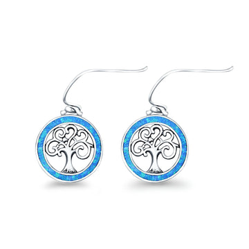 Tree of Life Drop Dangle Earrings Lab Created Blue Opal 925 Sterling Silver(17mm)